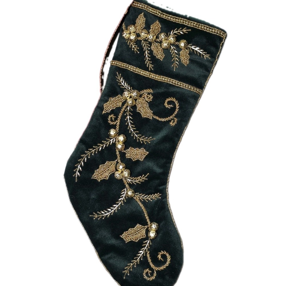 Vintage Velvet Christmas Stocking Set Of 3 Gold Holly Beaded And Bells - Picture 3 of 7